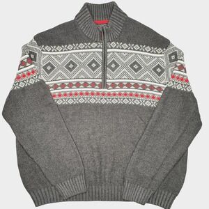 IZOD Sweater Mens 2XL Gray Red Fair Isle Quarter Zip Mock Neck Cotton Blend